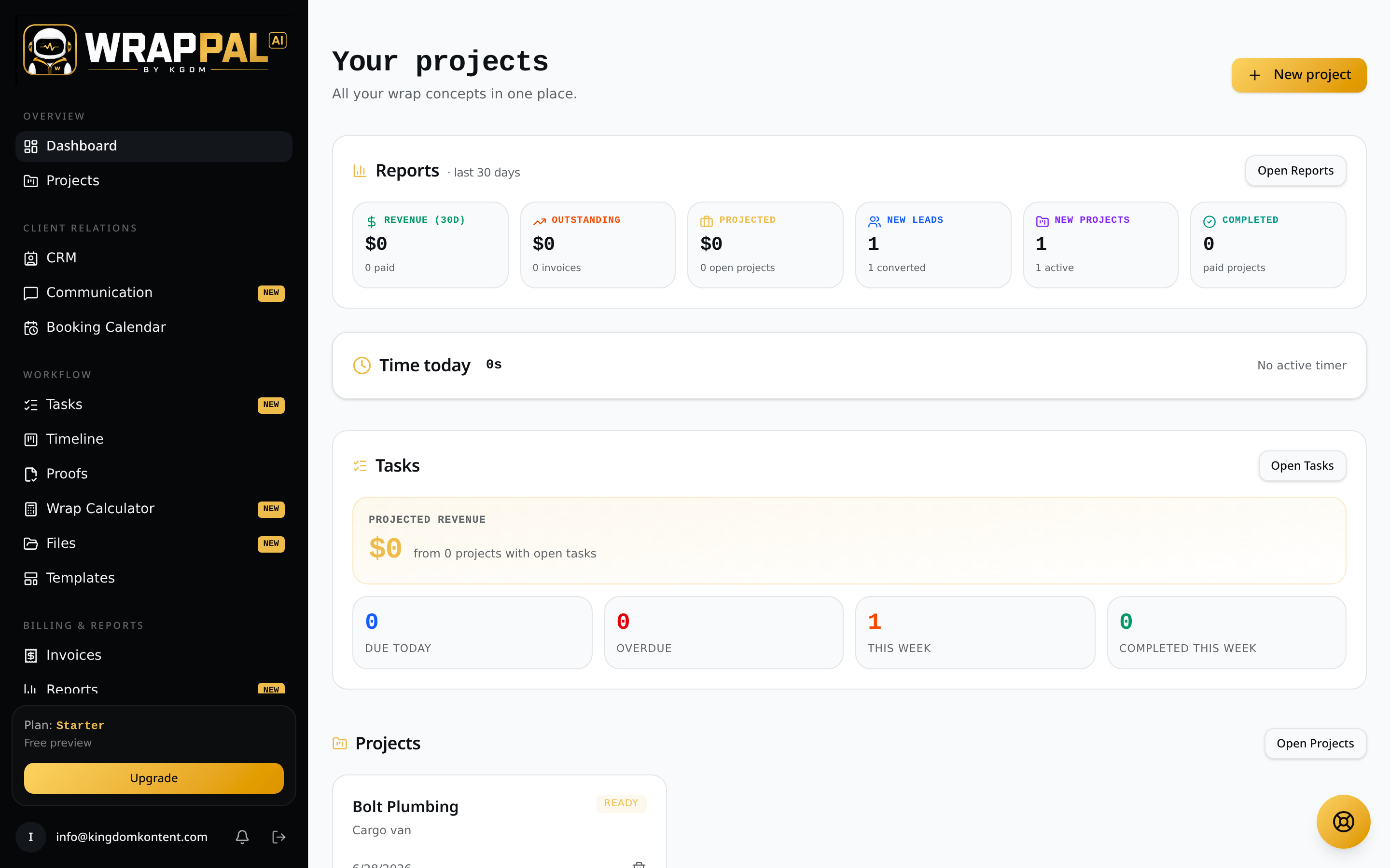 WrapPal AI shop dashboard showing projects, tasks, clients, and production status